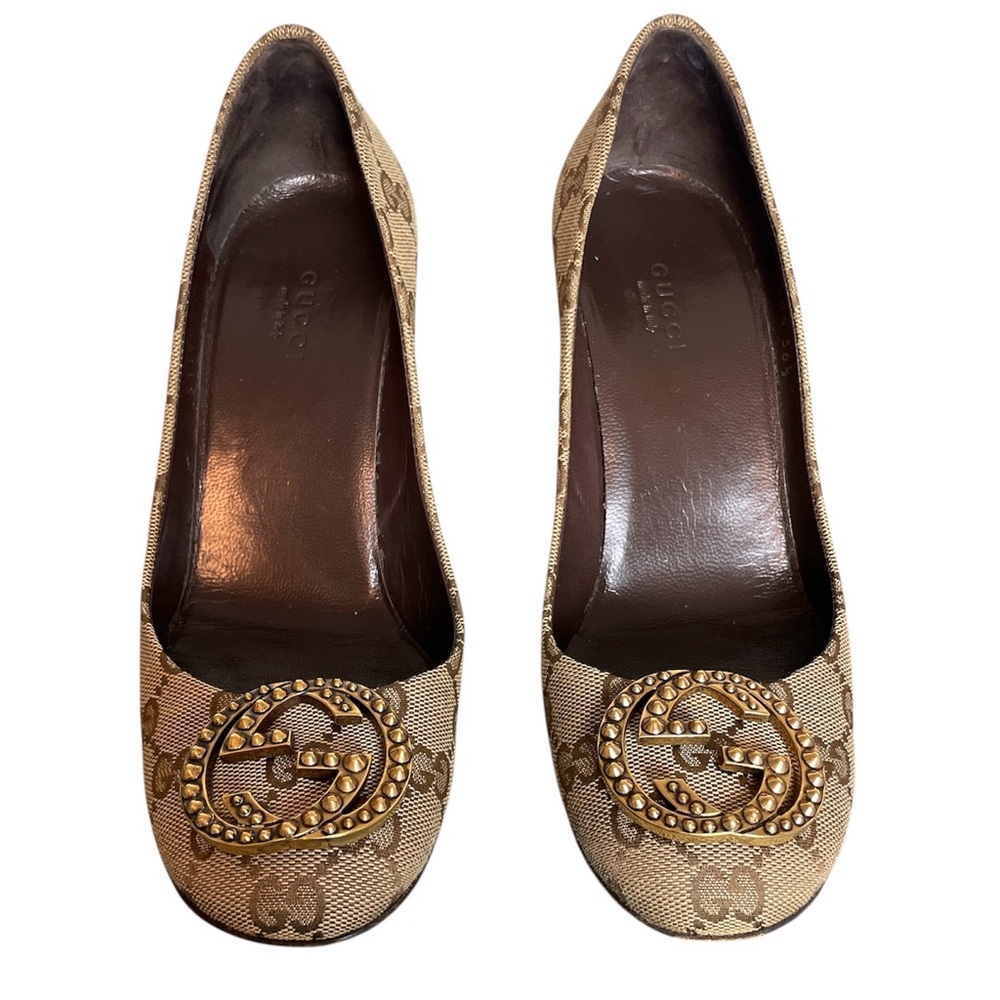 GUCCI Canvas Supreme Interlocking GG Logo Studded Block Heel Pumps \\ 36.5 - Picture 4 of 13